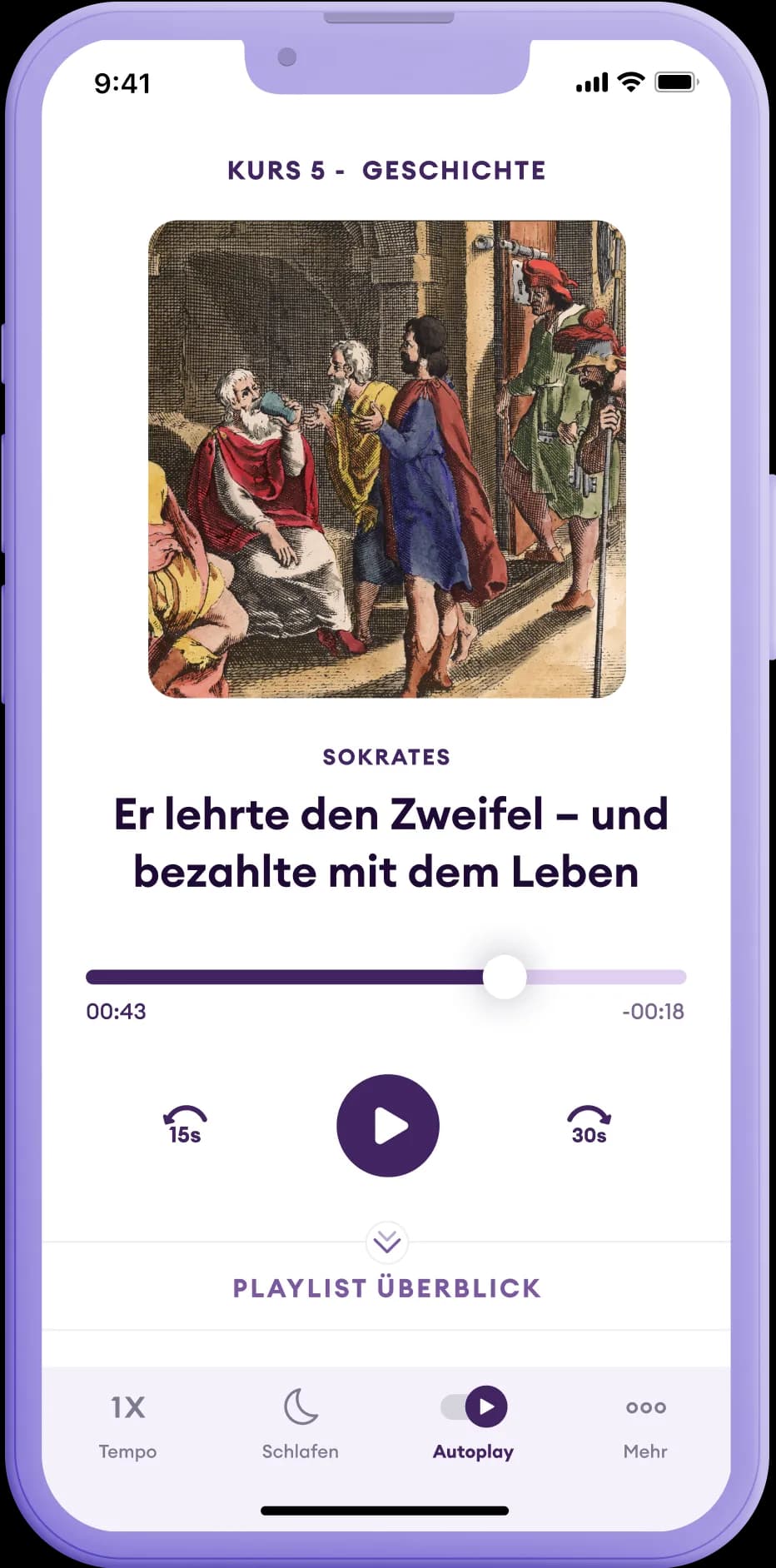 Smartphone-Screen zeigt eine Geschichte über Sokrates in der Yuno-App, mit dem Titel 'Er lehrte den Zweifel - und bezahlte mit dem Leben'