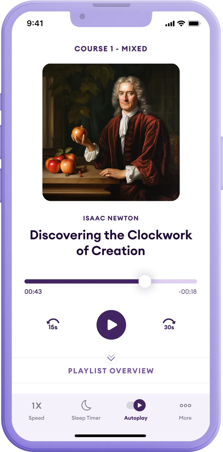 Smartphone screen displaying a story about Isaac Newton in the Yuno app, titled 'Discovering the Clockwork of Creation.'