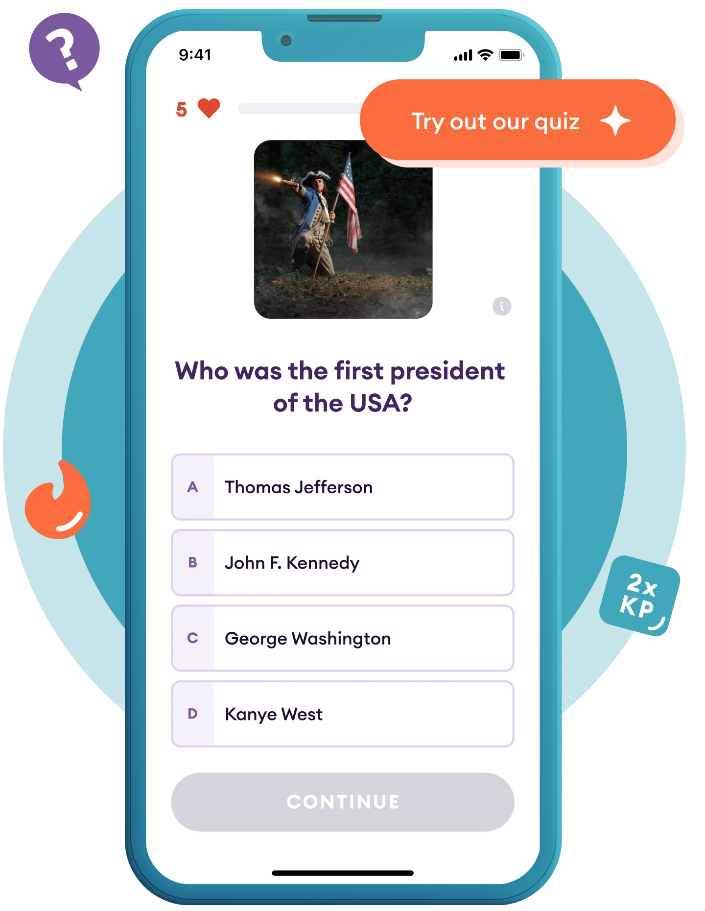 Mobile screen showing a quiz question in the Yuno app about the first president of the USA with multiple-choice answers.