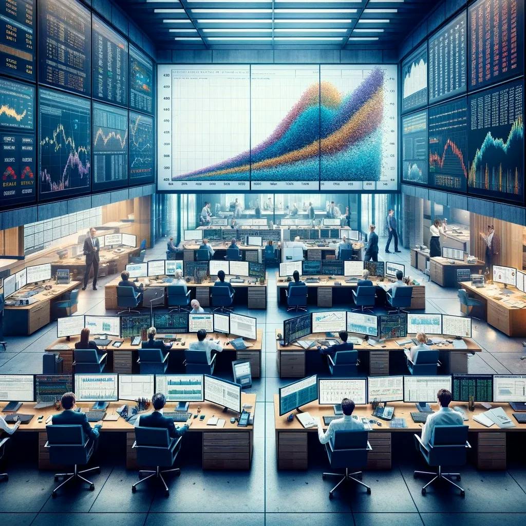 Rieser Bildschirm in großem Raum der eine Datensammlung anzeigt. 