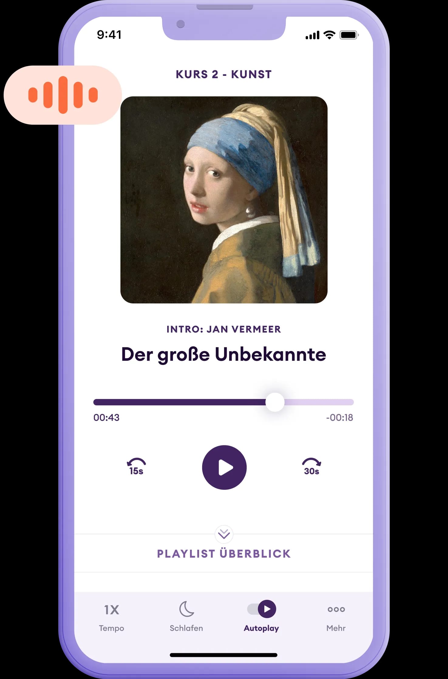 Interface mobile montrant l'application Yuno diffusant une histoire sur 'La Jeune Fille à la Perle' de Johannes Vermeer