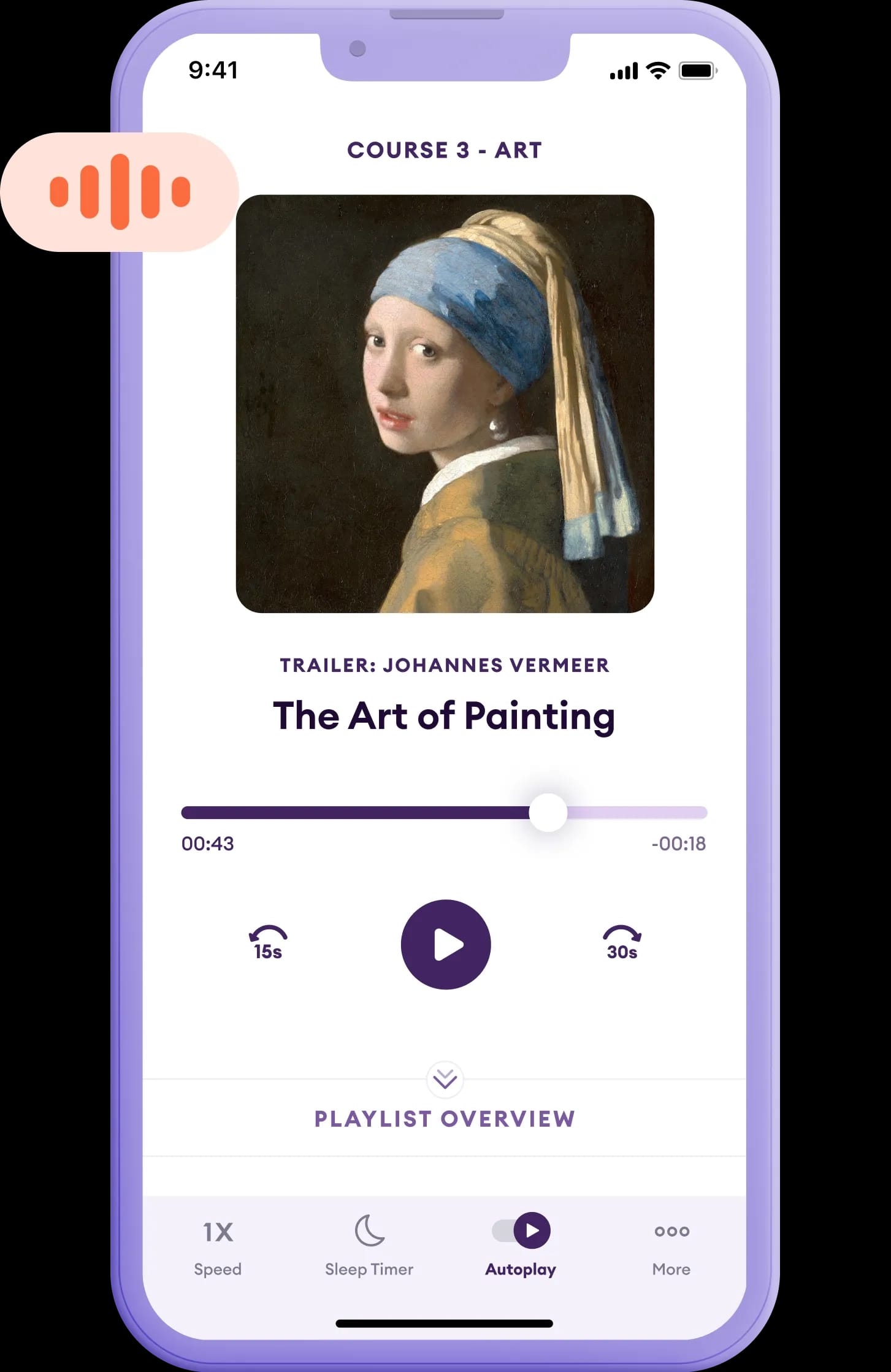 Mobile interface showcasing Yuno app playing a story about 'The Girl with a Pearl Earring' by Johannes Vermeer