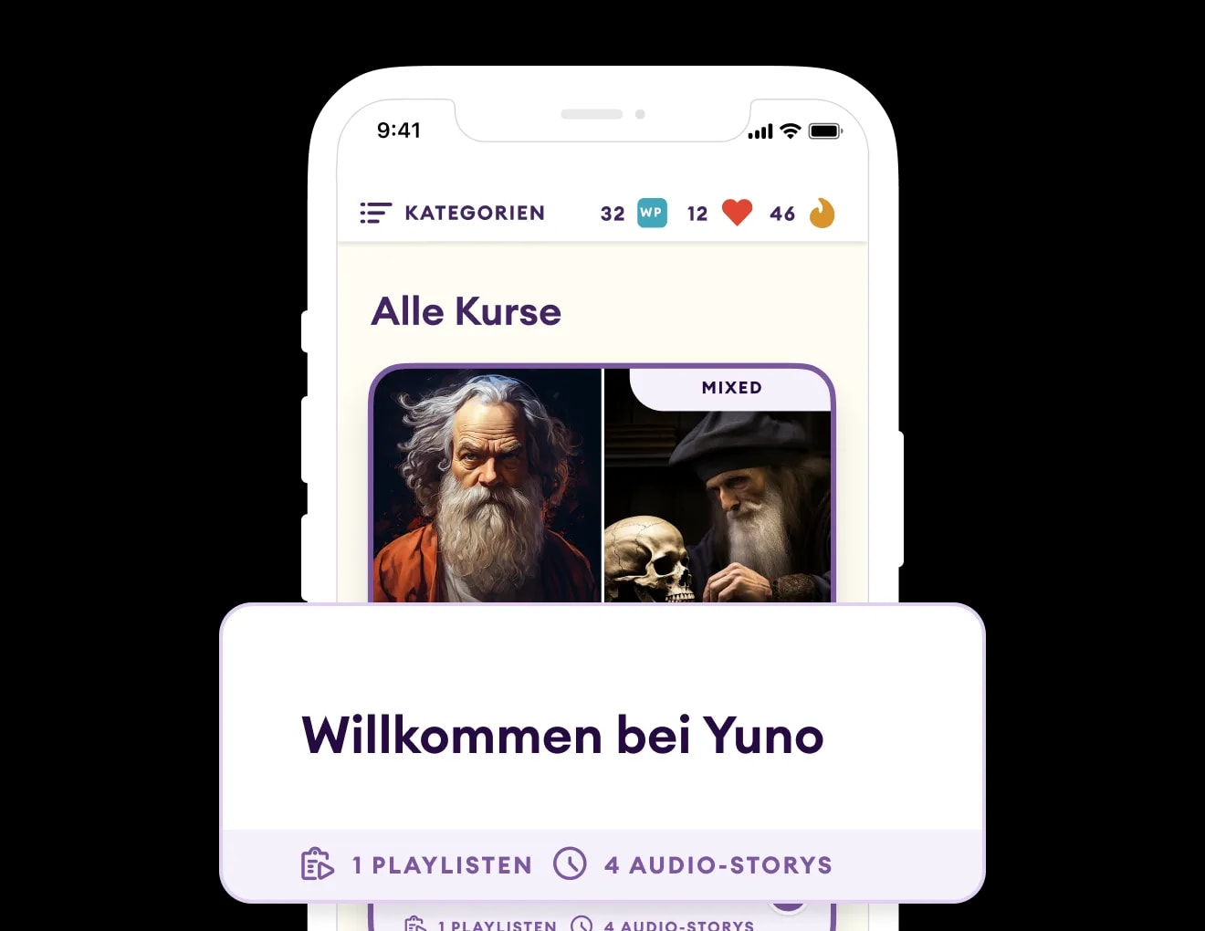 Mobile App-Schnittstelle zeigt die Kursübersicht mit dem Begrüßungstext 'Willkommen bei Yuno' und einer Playlist mit Audio-Stories