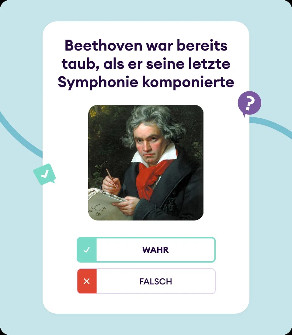 Quizkarte mit Beethoven, die fragt, ob er bereits taub war, als er seine letzte Symphonie komponierte