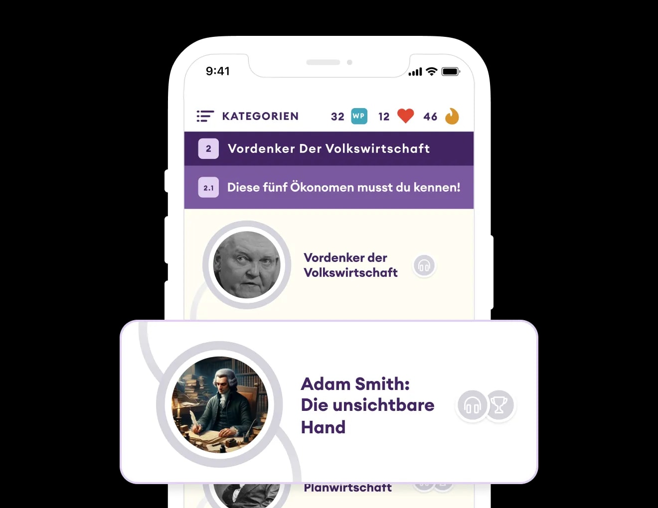 Mobile App-Schnittstelle zeigt einen Kurs über Wirtschaftsvordenker mit dem Thema 'Adam Smith: Die unsichtbare Hand'