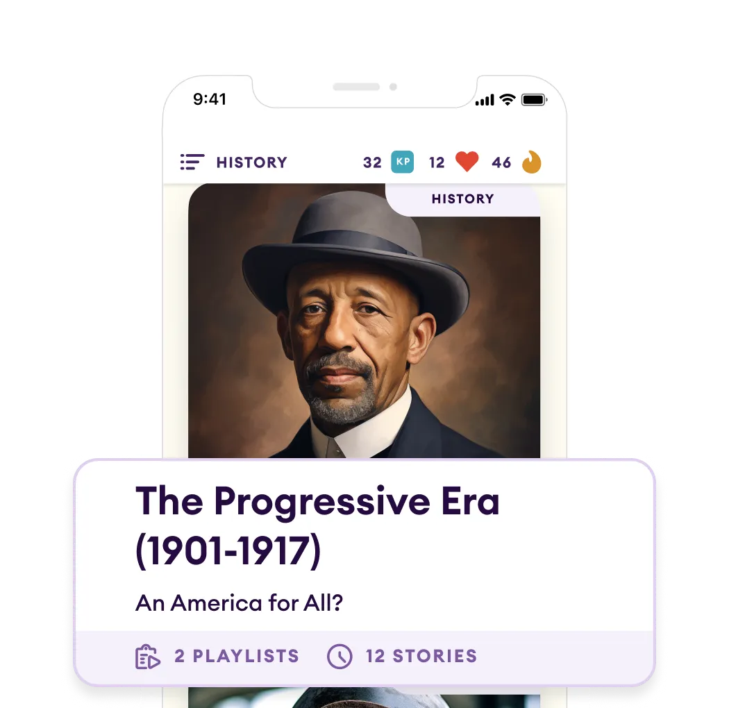 Mobile interface displaying a lesson from 'The Progressive Era (1901-1917)' focusing on inclusivity and societal progress