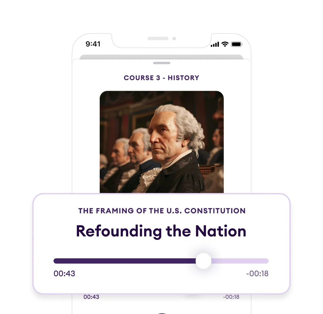 Mobile screen in the Yuno app displaying a history course titled 'Refounding the Nation,' emphasizing reliable and well-researched information