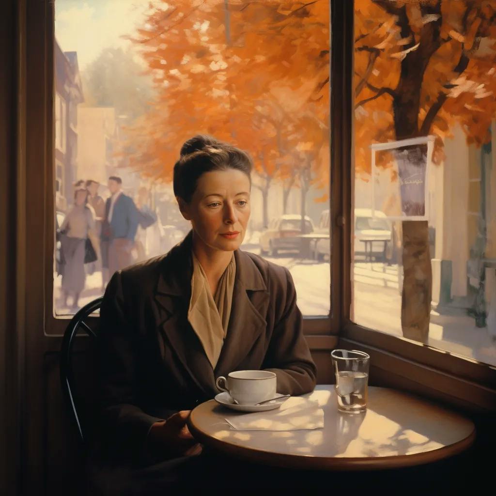 Das Bild zeigt eine Frau, die in einem Café sitzt und nachdenklich nach draußen schaut, wo herbstliche Bäume zu sehen sind. Auf ihrem Tisch stehen eine Kaffeetasse und ein Wasserglas, während im Hintergrund Menschen vorbeigehen. 