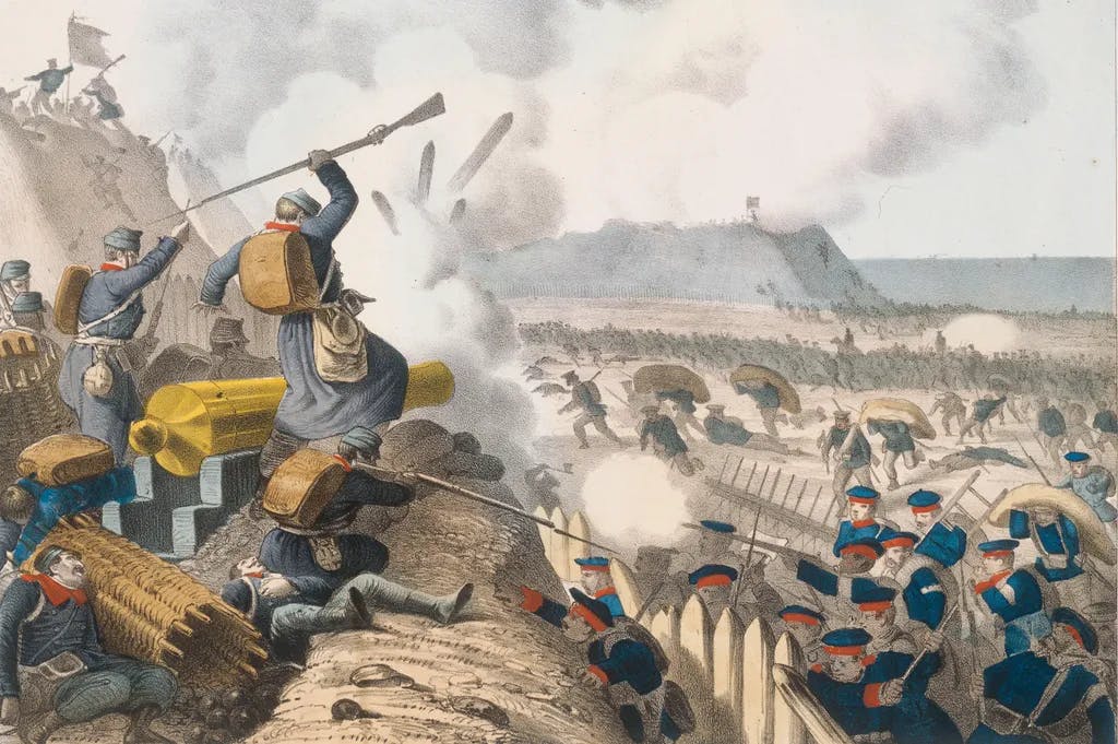 Erstürmung der Düppeler Schanzen bei Sonderburg (Dänemark) durch preußische Truppen am 18. April 1864.