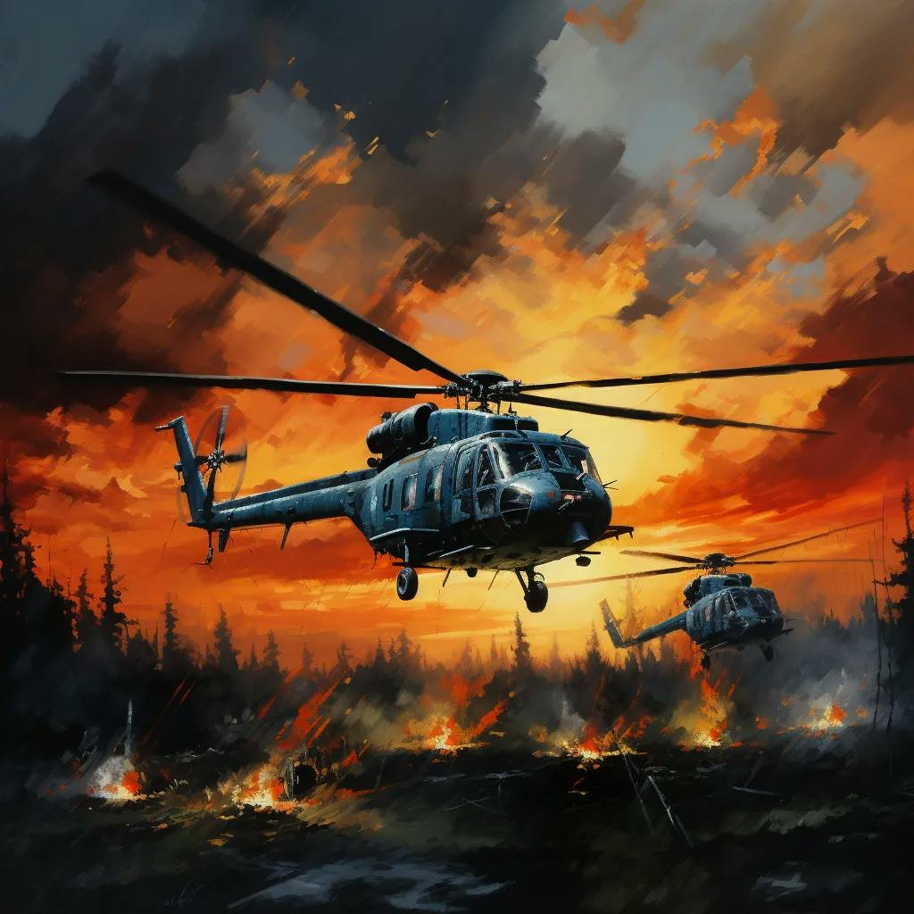 Das Bild zeigt zwei Militärhubschrauber im Flug vor einem Hintergrund mit feurigem Himmel im Vietnamkrieg. Am Boden sind Flammen und Rauch zu sehen, was auf Kampfhandlungen oder Bombardierungen schließen lässt.