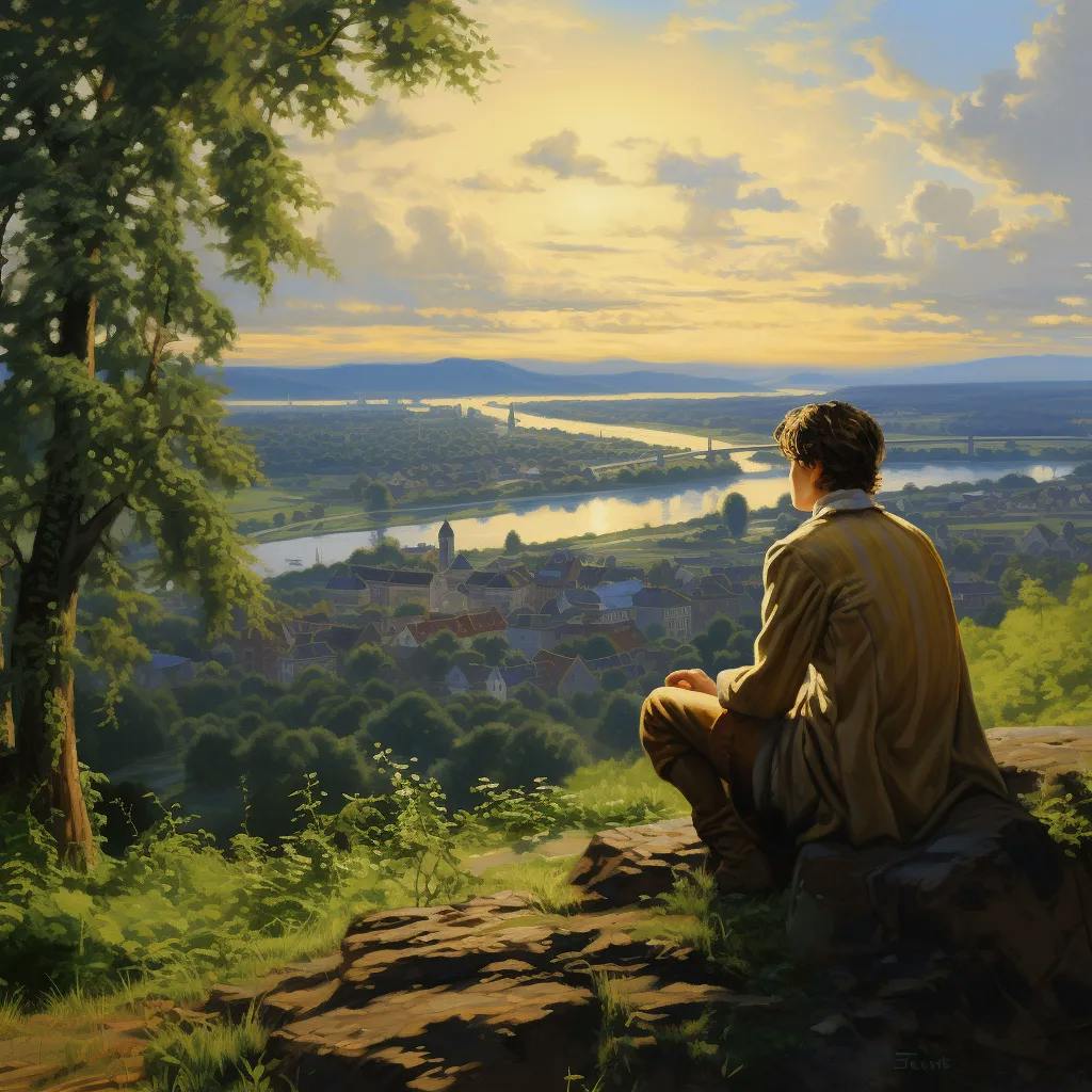 Das Bild zeigt eine junge Person, die auf einem Felsen sitzt und über eine ländliche Landschaft mit einem Fluss und einer Stadt im Sonnenuntergang blickt, was thematisch zu Beethovens 6. Sinfonie, der Pastorale, passen könnte.