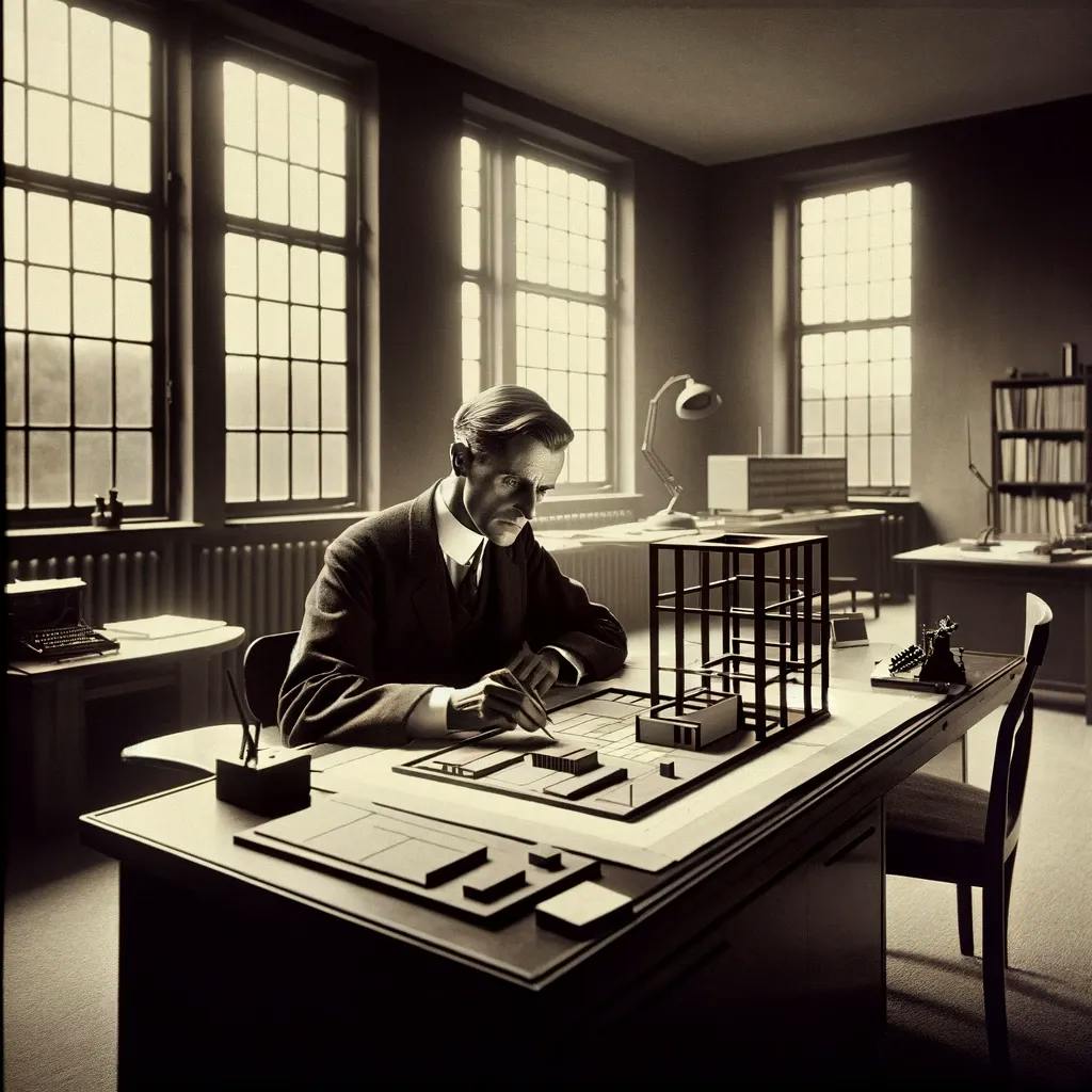 Das Bild zeigt Walter Gropius, den Gründer des Bauhauses, wie er an einem Tisch mit Architekturmodellen und Plänen arbeitet. Er befindet sich in einem Raum mit großen Fenstern, die für Helligkeit sorgen.