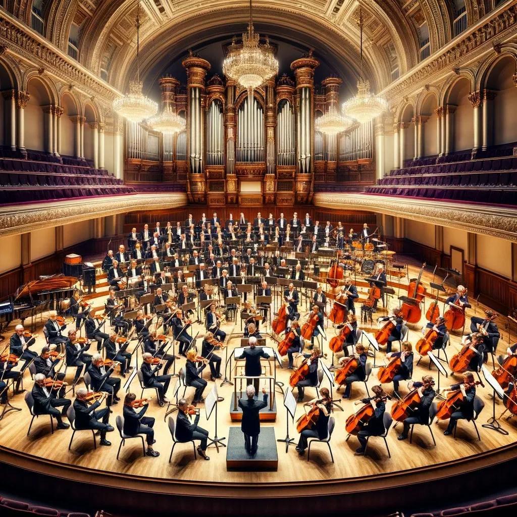Das Bild zeigt ein großes Orchester während einer Aufführung in einem prachtvollen Konzertsaal. Die Musiker, dirigiert von einer Person vorne in der Mitte, sind mit ihren Instrumenten in Aktion.