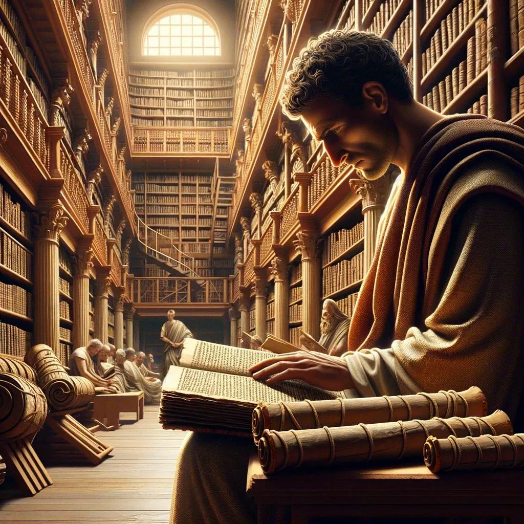 Das Bild zeigt eine Illustration von Lucius Annaeus Seneca, der in einer umfangreichen antiken Bibliothek liest oder schreibt. Die Szene ist gefüllt mit Regalen voller Bücher und Schriftrollen, und weitere Personen sind im Hintergrund zu erkennen, was auf ein Zentrum des Lernens oder eine Schule hinweist.