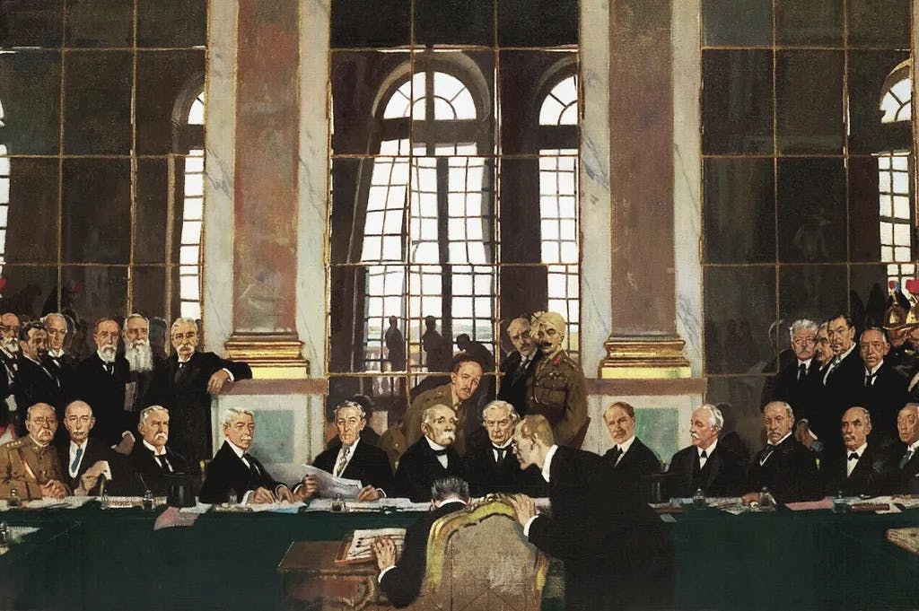 William Orpen: Vertragsunterzeichnung in der Spiegelgalerie des Schlosses von Versailles 1919.