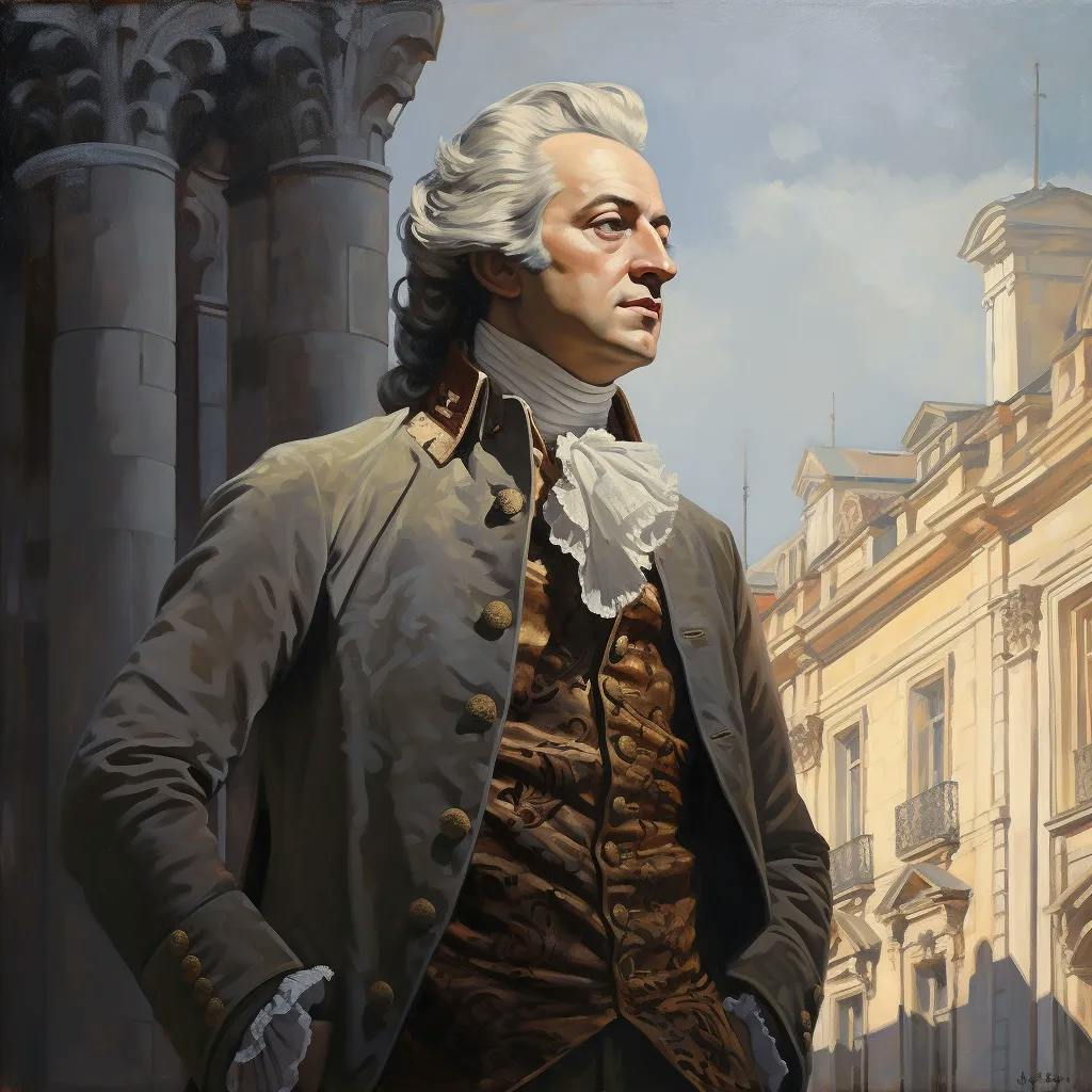 Wolfgang Amadeus Mozart in Vienna, Architectural Historic painting, diffused sunlight of a late afternoon, a palette reflecting the urban elegance with greys, whites and a splash of imperial yellow, long shot taken with an architectural lens to show Mozart within the context of the cityscape.