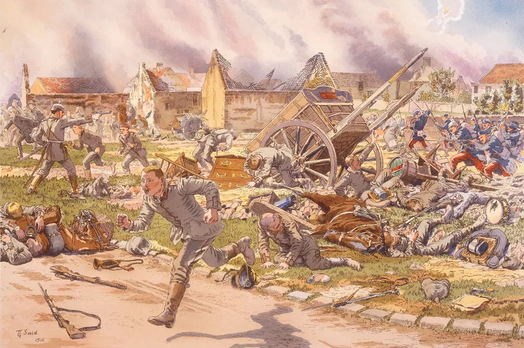 1. Weltkrieg / Westfront: Marneschlacht, 5.–12. September 1914. “Bataille de la Marne. Episode de Courtacon” (Angreifende franz. Infanterie in Courtacon zwingt deutsche Truppen zum Rückzug).
