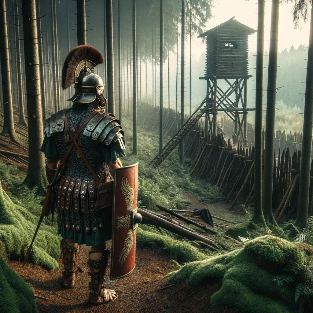 a Roman legionary, fully armored, patrolling the dense forests along the Limes in Germania. The soldier is vigilant, with the dense mist of early morning adding an eerie atmosphere. In the background, the towering wooden palisades and a watchtower loom, marking the boundary of the Roman Empire.