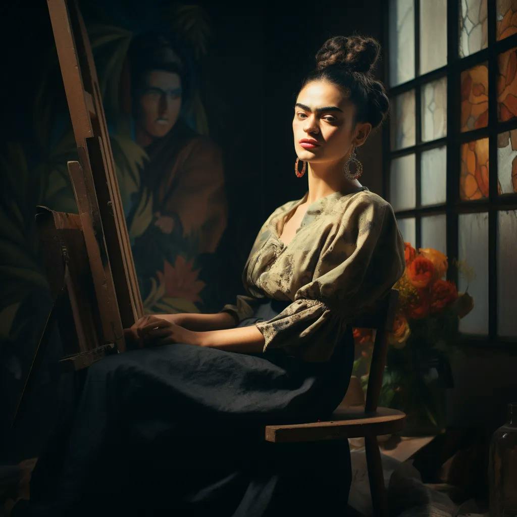 Das Bild zeigt eine Frau, die der Malerin Frida Kahlo ähnelt, wie sie vor einer Staffelei sitzt und ein Gemälde betrachtet, das an Kahlos Werk erinnert. Sie befindet sich in einem kunstvoll beleuchteten Raum, umgeben von Blumen und einem bunten Fenster im Hintergrund.