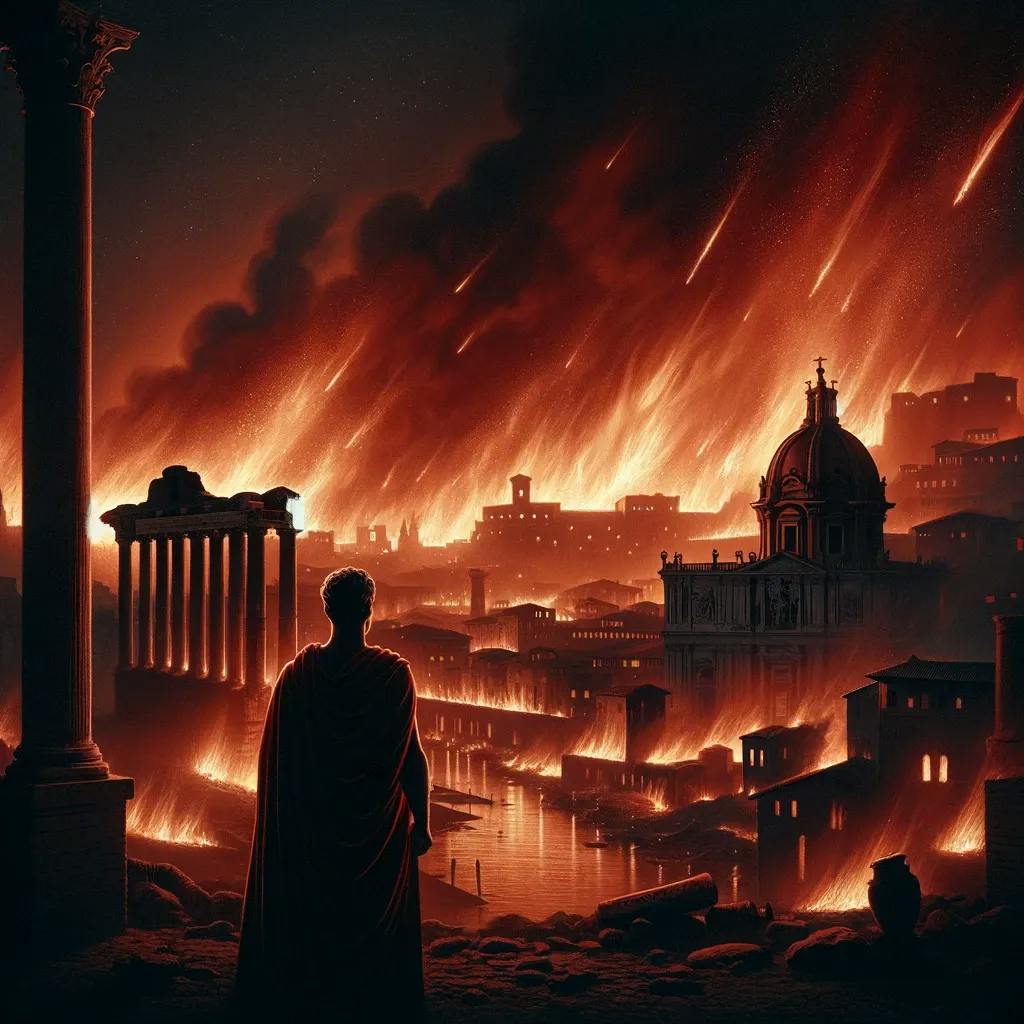 Das Bild zeigt eine nächtliche Szene mit einem Großbrand in der Stadt Rom, wobei Feuer und Funken auf Gebäude herabfallen. Im Vordergrund steht eine Person, die römische Gewänder trägt, und auf die brennende Stadt blickt, was an Kaiser Nero während des großen Feuers in Rom erinnern könnte.