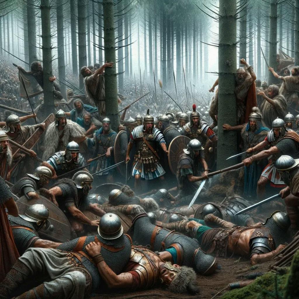 Das Bild zeigt eine kriegerische Auseinandersetzung im Wald, bei der römische Soldaten gegen bewaffnete Gegner kämpfen. Am Boden liegen mehrere gefallene Kämpfer, während sich die stehenden Soldaten weiterhin im Kampf befinden.