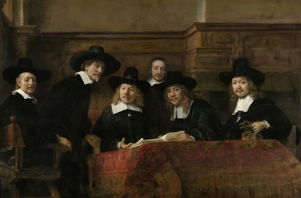 The Syndics, von Rembrandt van Rijn, 1662, niederländische Malerei, Öl auf Leinwand. Das Gemälde, der ursprüngliche Titel war: "Die Sampling-Beamten der Amsterdamer Draper' Guild."