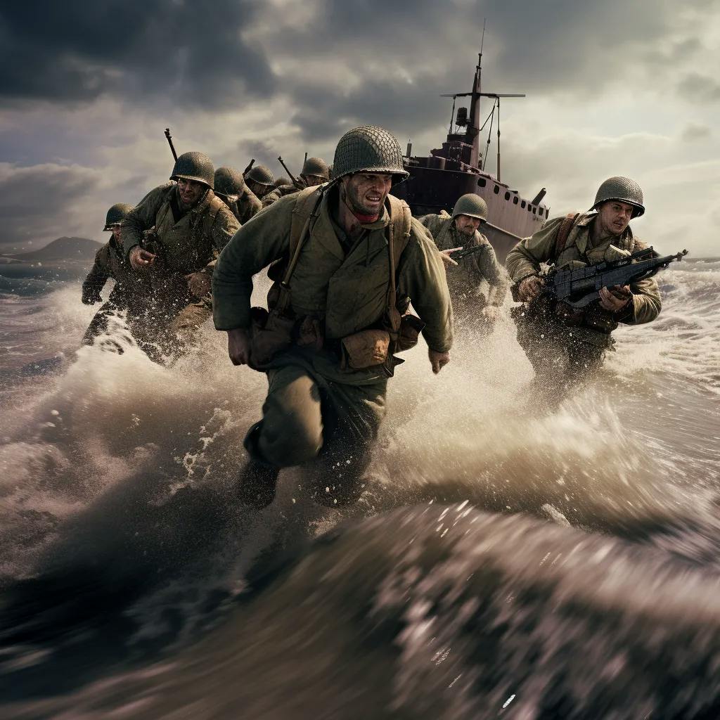 Das Bild zeigt Soldaten, die während der Landung in der Normandie aus einem Landungsfahrzeug ins Wasser springen und an Land stürmen. Sie sind schwer bepackt und bewegen sich hastig durch das aufspritzende Meerwasser, während im Hintergrund ein Landungsschiff zu sehen ist.