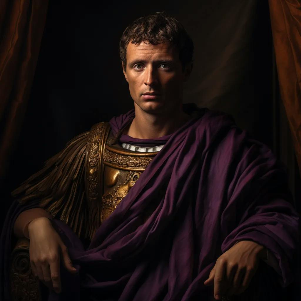 Auf dem Bild ist ein Mann in historischer Kleidung dargestellt, der Kaiser Konstantin aus Rom nachempfunden sein könnte. Er trägt eine purpurfarbene Toga und eine goldverzierte Rüstung.