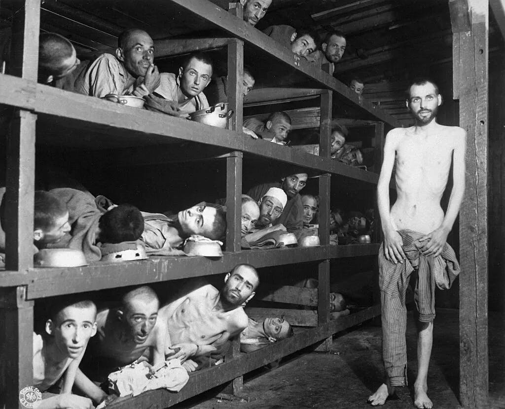 These are slave laborers in the Buchenwald concentration camp near Weimar; many had died from malnutrition when U.S. troops of the 80th Division entered the camp. The very ill man lying at the back on the lower bunk was thought to be Max Hamburger, but this is probably not true. Second row, seventh from left is Elie Wiesel. Photograph taken 5 days after rescue.