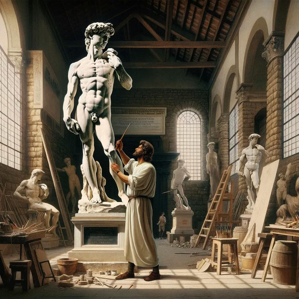 Das Bild zeigt eine künstlerische Interpretation von Michelangelo, der an der Statue von David arbeitet. Er steht in einem von Statuen umgebenen Atelier, hält einen Meißel und betrachtet aufmerksam die überlebensgroße Marmorskulptur.