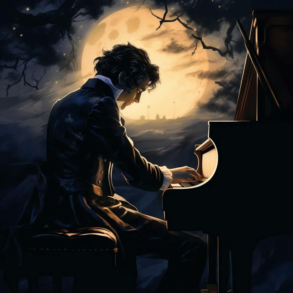 Das Bild zeigt eine Illustration von Beethoven, der Klavier unter einem nächtlichen Himmel mit einem vollen Mond spielt. Der Stil der Zeichnung ist dramatisch, mit Beethoven im Profil und dem Mondlicht, das seine Silhouette erhellt.