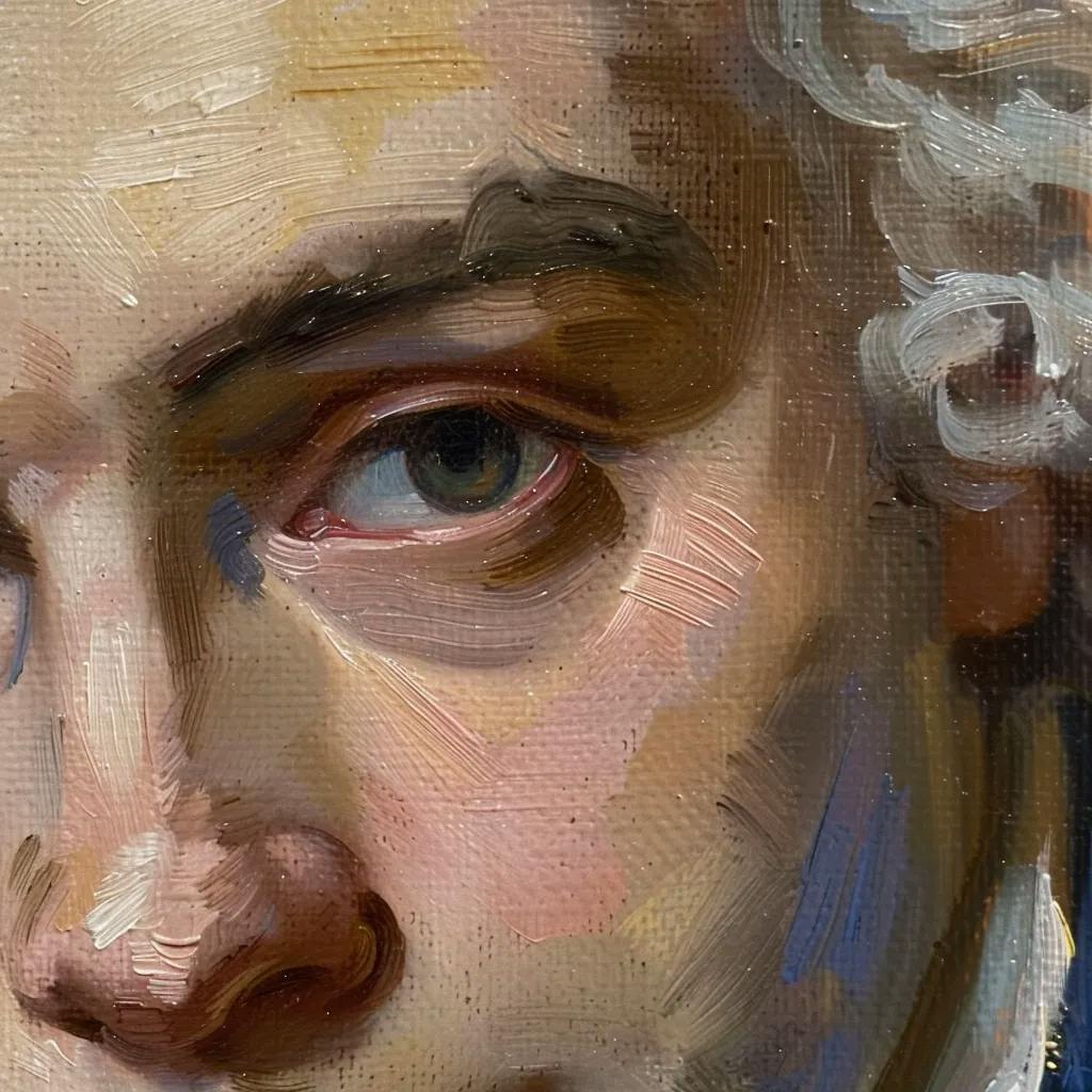 Wolfgang Amadeus Mozart, 18th-century oil portrait, soft, natural daylight filtering through a Baroque window, rich color palette with emphasis on royal blue and cream hues, composition: close-up shot using a vintage portrait lens to capture intricate facial expressions.