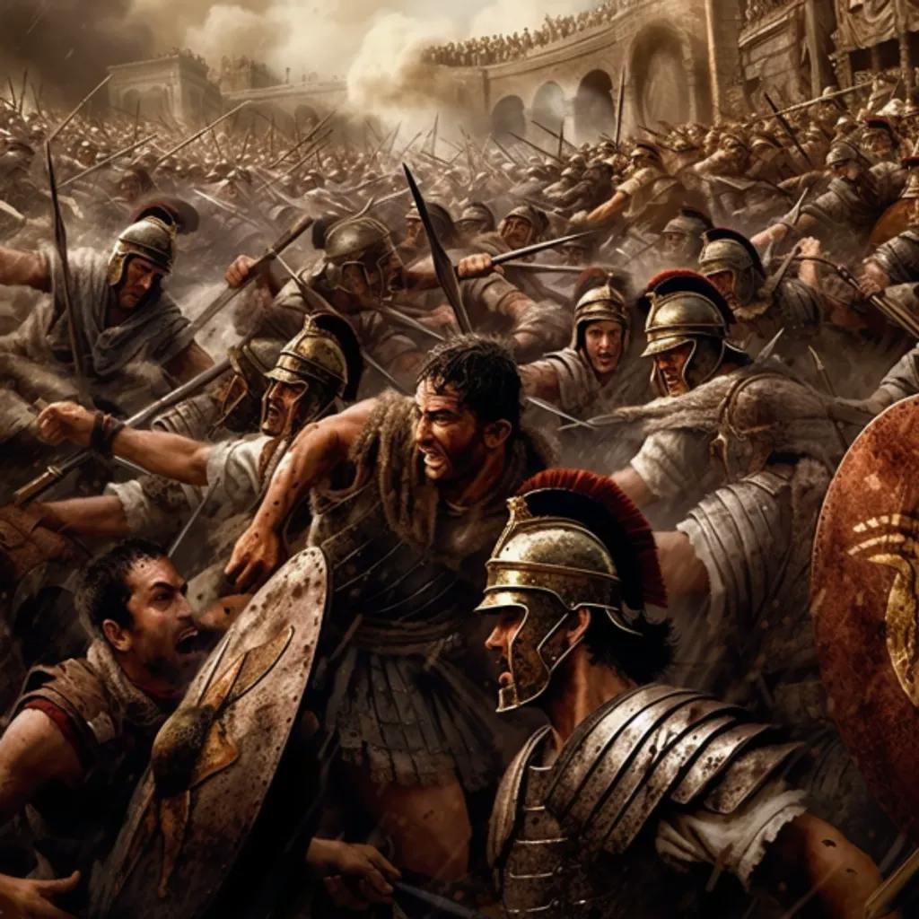 Das Bild zeigt eine dramatische Darstellung von kämpfenden Soldaten in römischer Rüstung während der römischen Bürgerkriege. Es ist eine hektische Kampfszene mit Schwertkämpfen, Schilden und kämpferischer Intensität vor dem Hintergrund eines antiken Stadions.