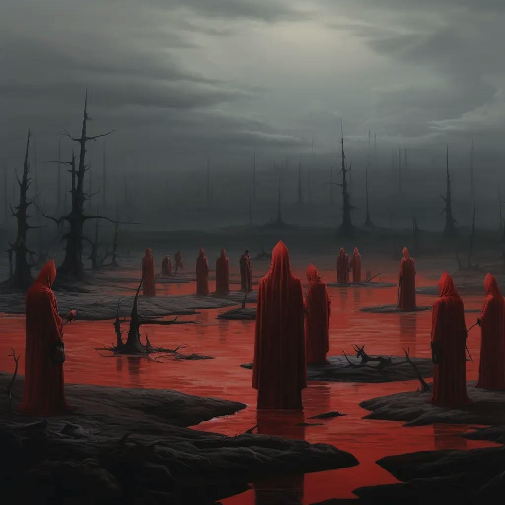 Das Bild zeigt eine düstere Szenerie mit Figuren in roten Umhängen, die in einer unwirtlichen Landschaft mit toten Bäumen und einem rot gefärbten Fluss stehen. Die Atmosphäre ist nebelig und gibt dem Ganzen einen mysteriösen oder okkulten Anstrich.