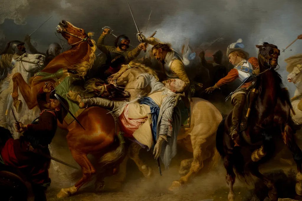 Carl Wahlbom (1810-1858). Schwedischer Maler. Tod von König Gustav II. Adolf von Schweden in der Schlacht bei Lutzen, 1855. Detail. Nationalmuseum. Stockholm. Schweden.
