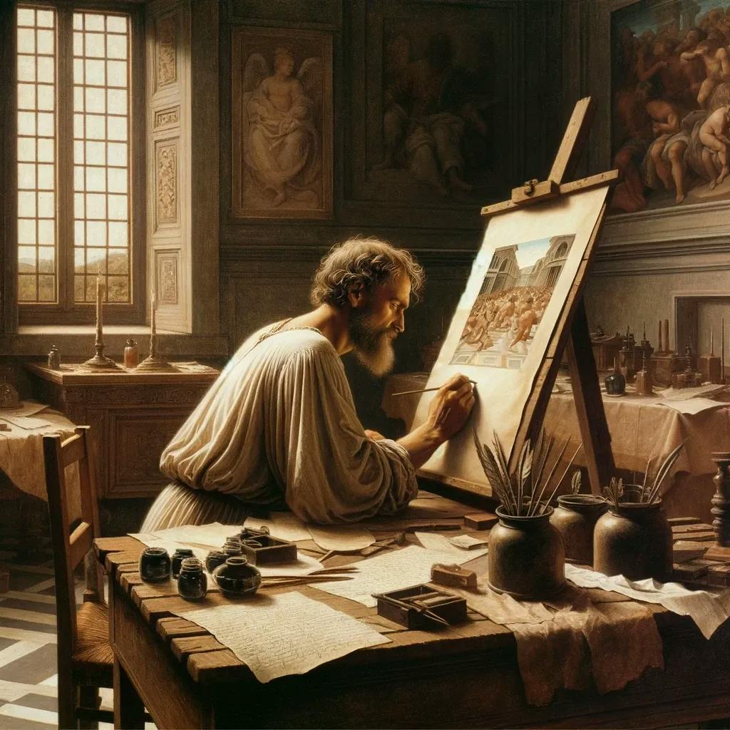 Das Bild zeigt eine historisierende Darstellung von Michelangelo Buonarro, der konzentriert an einer Zeichnung arbeitet. Er befindet sich in einem Raum mit klassischer Architektur und zahlreichen Zeichenmaterialien auf dem Tisch vor ihm.