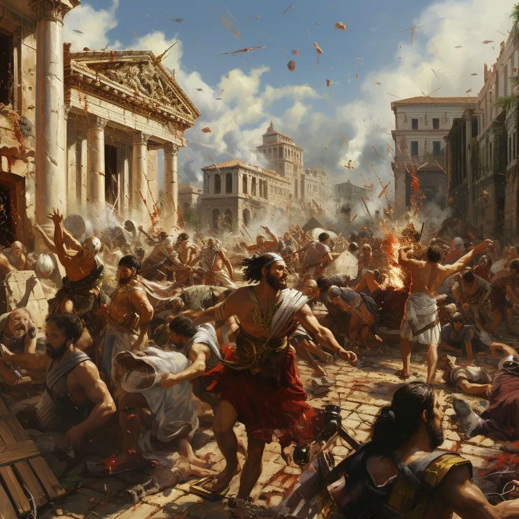 Das Bild zeigt eine chaotische Szene, die an den Untergang Roms erinnert, mit Menschen in antiken Gewändern, die in Panik und Konflikt zu sein scheinen. Ruinen und brennende Strukturen sind sichtbar, während Trümmer durch die Luft wirbeln.