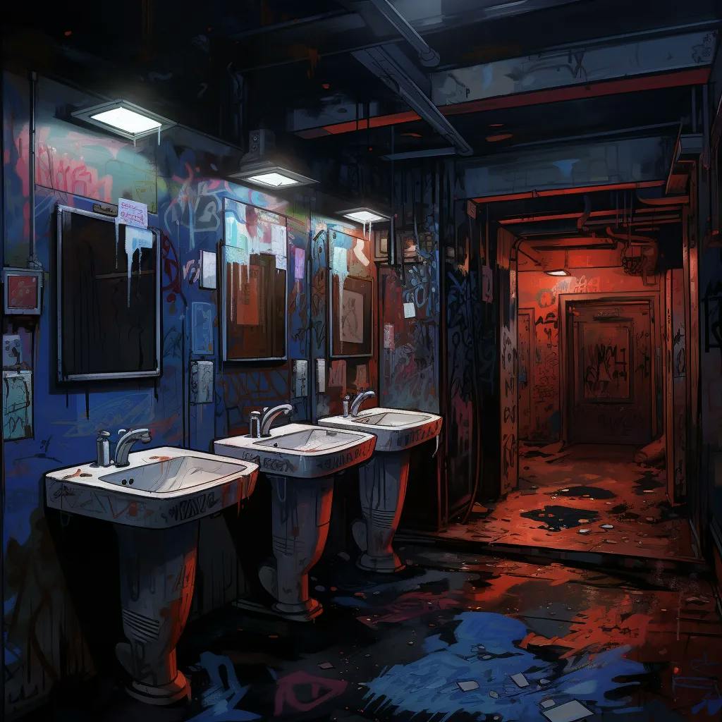 Das Bild zeigt ein heruntergekommenes Badezimmer mit intensiver Graffiti-Bemalung an Wänden und Spiegeln, beleuchtet durch Neonlichter. Zwei Waschbecken stehen im Vordergrund, und der Raum wirkt vernachlässigt und schmutzig.