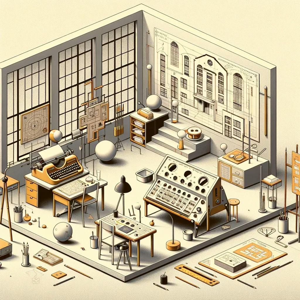 Formen, Objekte und Einrichtungsgegenstände im Bauhausstil, in einem halbierten Raum ausgestellt.