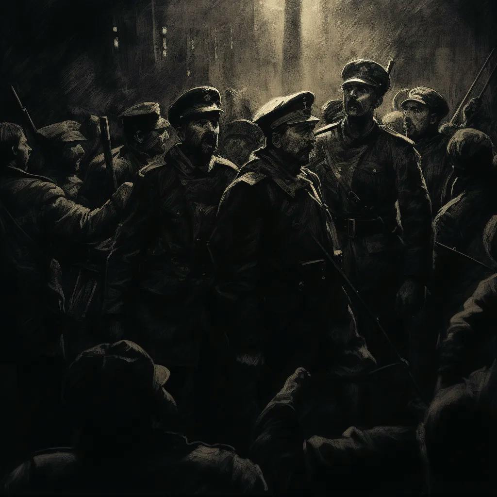 Das Bild stellt Soldaten während der Novemberrevolution in Deutschland dar. Sie sind in dunkler Kleidung mit Mützen und Gewehren ausgestattet.