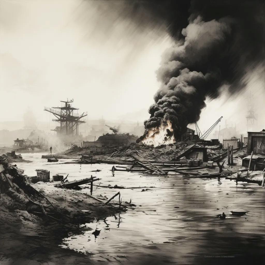 Das Bild zeigt Pearl Harbor, einen Hafen, nach einem Angriff mit dichtem Rauch, der von brennenden Schiffen und vom Hafen aufsteigt. Zerstörte Schiffe und Trümmer sind im Wasser sichtbar, und Baukräne stehen im Hintergrund.