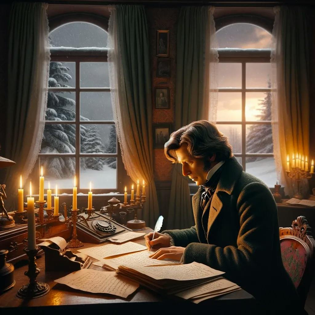Auf dem Bild ist eine männliche Figur zu sehen, die an einem Schreibtisch in einem historisch eingerichteten Zimmer sitzt und schreibt, was eine Darstellung von Heinrich Heine beim Verfassen von "Deutschland. Ein Wintermärchen" sein soll. Draußen ist es winterlich, Schnee bedeckt die Bäume, und der Raum wird von Kerzenlicht erleuchtet.