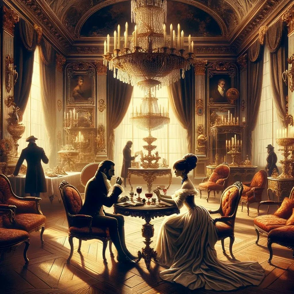 Das Bild zeigt ein opulent eingerichtetes Zimmer im Stil des Barocks oder Rokokos, in dem sich Personen in historischer Kleidung aufhalten. Ein Mann und eine Frau sitzen an einem Tisch mit Weingläsern, während eine andere Person am Fenster steht und eine weitere im Hintergrund zu sehen ist.