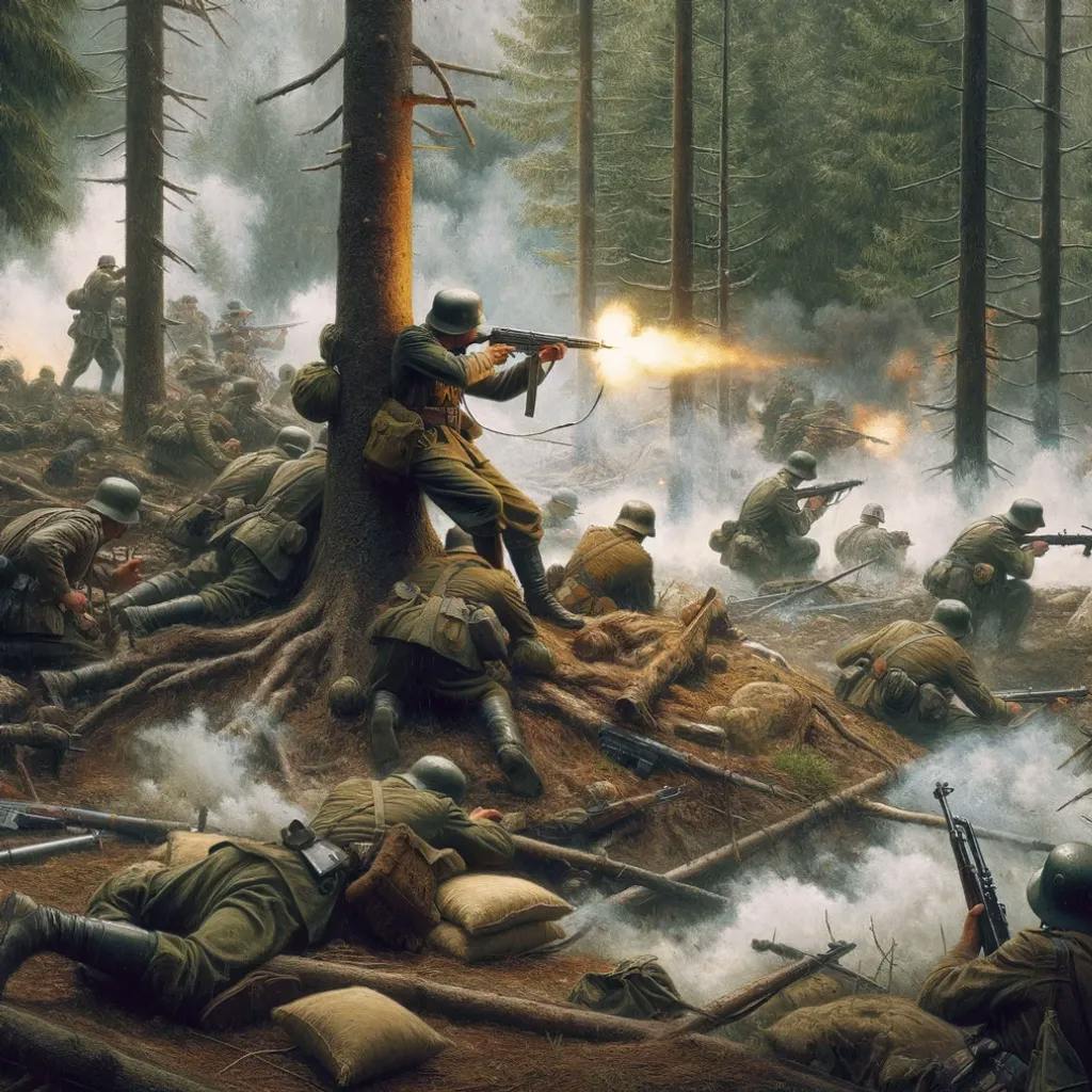 Das Bild zeigt Soldaten in einem bewaldeten Gebiet während eines Gefechts im Zweiten Weltkrieg. Sie tragen Militäruniformen und benutzen Feuerwaffen, während einige Schutz hinter Baumstämmen und Erdwällen suchen.