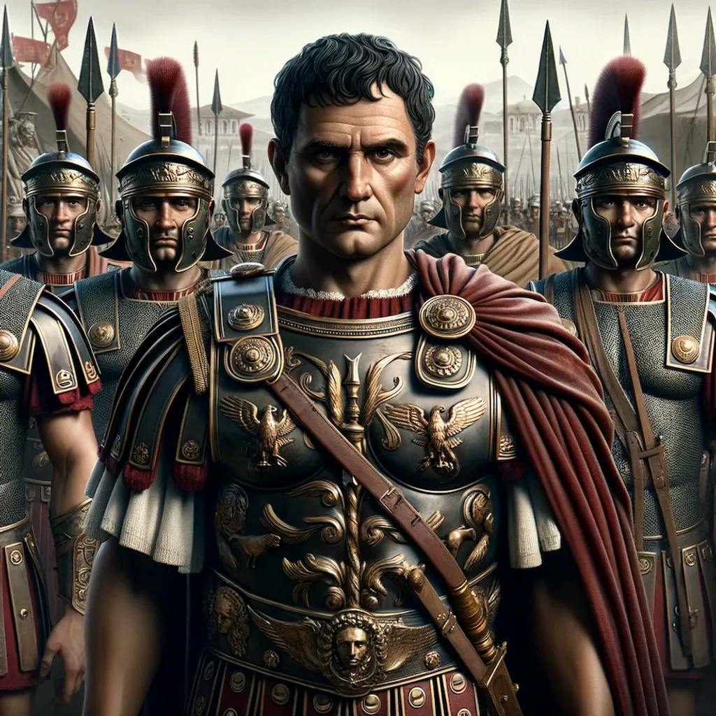 Das Bild zeigt eine Person im Vordergrund, die eine römische Rüstung trägt und an Gaius Julius Caesar erinnern soll, umgeben von weiteren Soldaten mit Helmen und Speeren im Hintergrund. Der Fokus liegt auf der zentralen Figur, die durch ihren Blick und ihre Position als Anführer dargestellt wird.