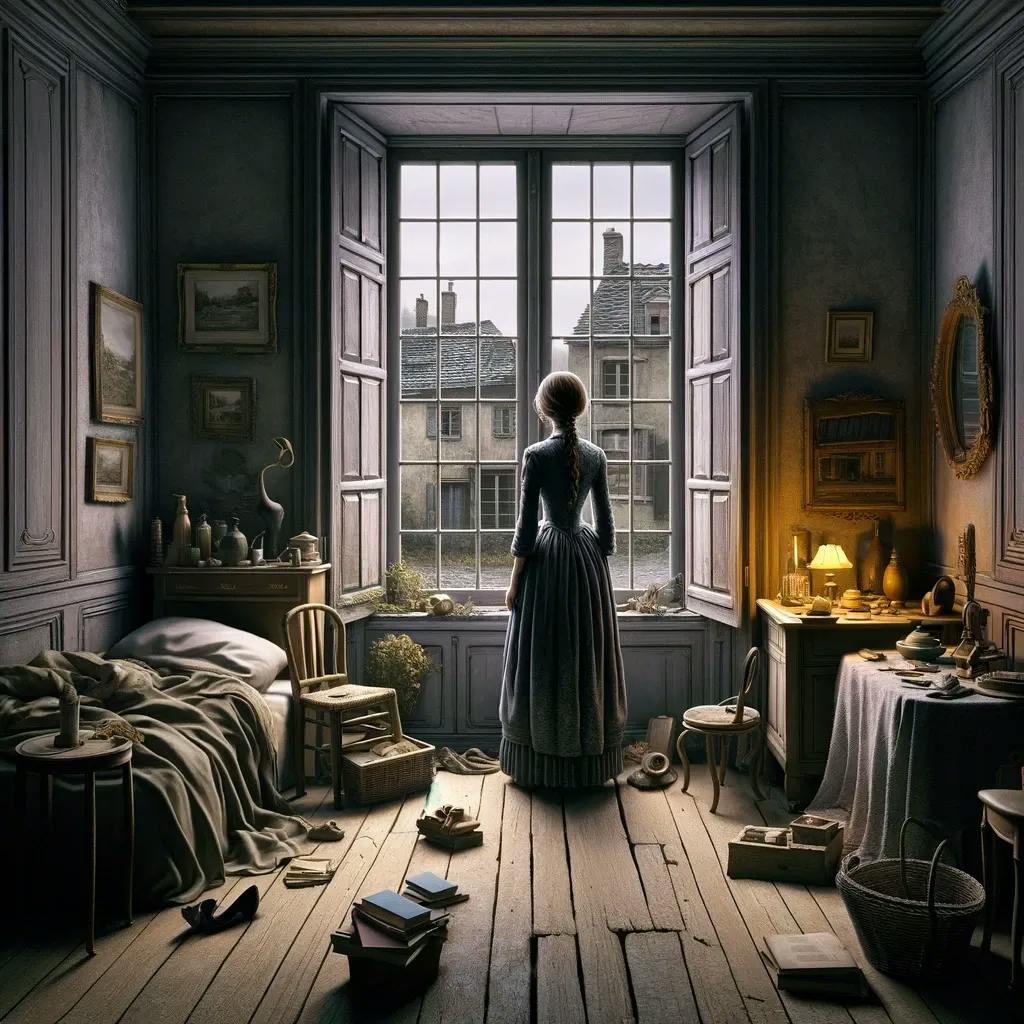 Das Bild zeigt eine Frau im historischen Kleid, die aus dem Fenster eines im Stil des 19. Jahrhunderts eingerichteten Zimmers blickt, was an die literarische Figur Madame Bovary erinnern könnte