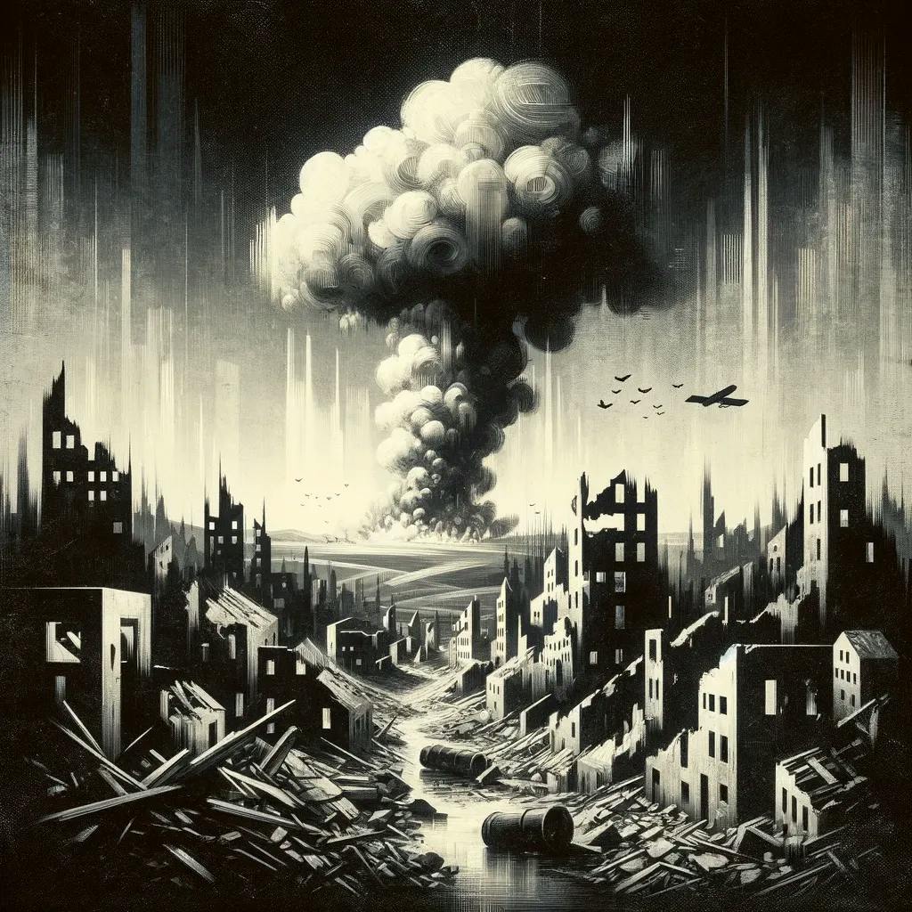 Das Bild zeigt eine künstlerische Darstellung der Bombardierung von Guernica, mit dunklen Rauchwolken über zerstörten Gebäuden und Flugzeugen am Himmel. Es ist eine monochrome Szene, die Zerstörung und Trümmer nach einem Luftangriff darstellt.
