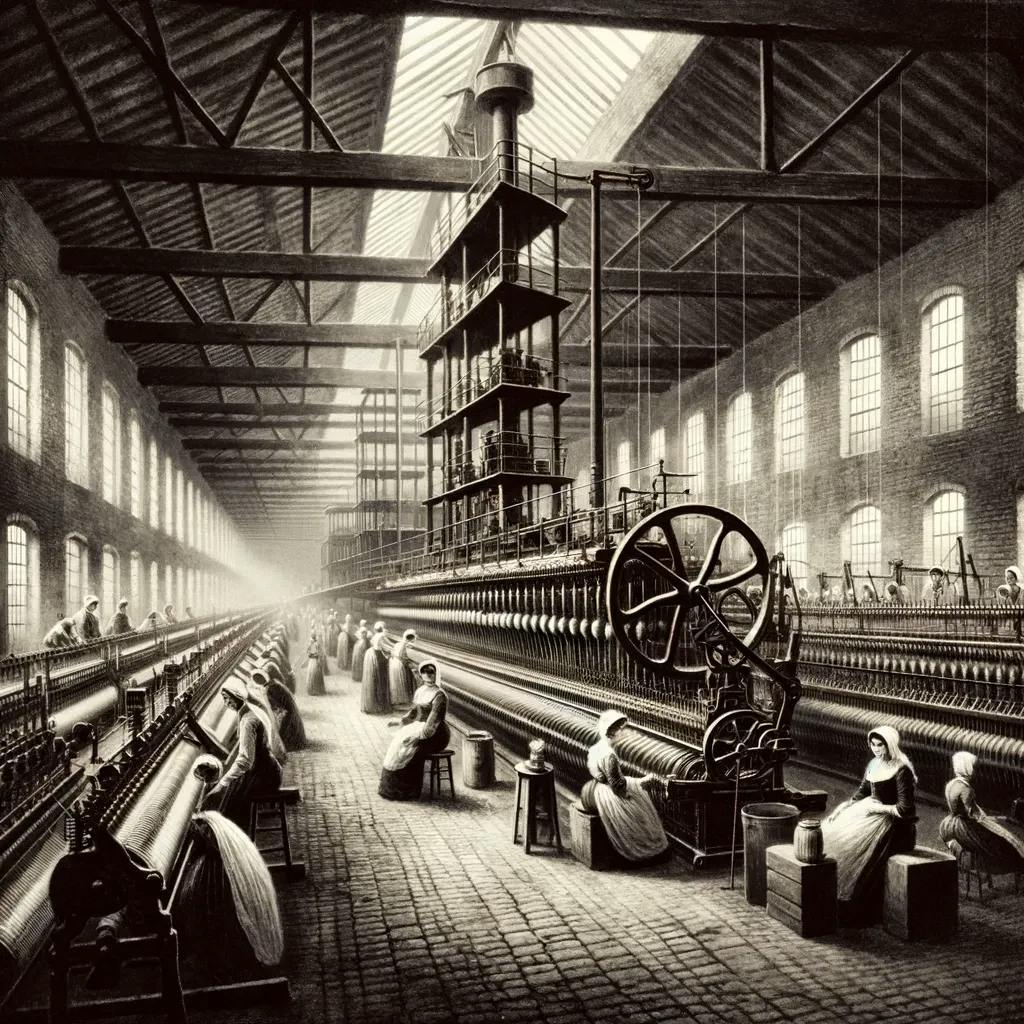 Das Bild zeigt eine historische Darstellung einer Textilfabrik mit mehreren Webmaschinen und arbeitenden Personen. Die Maschinen sind lang und reihen sich parallel zueinander auf, während Männer und Frauen bei der Arbeit an den Webstühlen zu sehen sind.