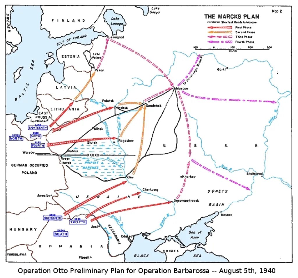 Graphic representation of original German plan of attack on Soviet Union during World War II from US government study