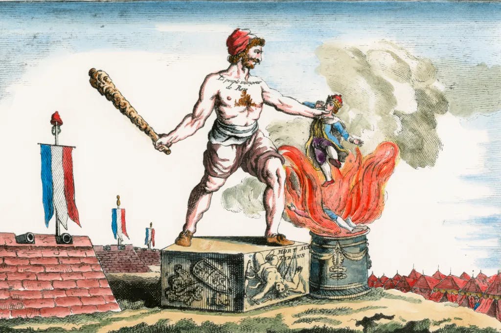 Französische Revolution 1789–1799. Das Volk als Herkules erschlägt die Fürsten; Projekt eines Kolossalstandbildes zur Aufstellung an den Grenzen Frankreichs.